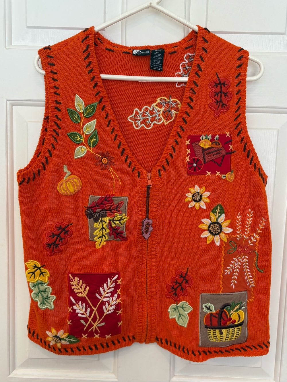 Holiday Editions Fall Autumn Sweater Vest Womens L Orange Halloween Zip Cardigan